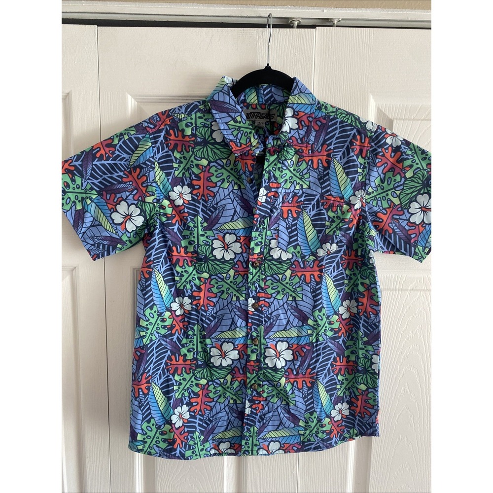 10Threads Tropical Floral Button Down Shirt Kids Size L 14/16 Blue Multi Cotton